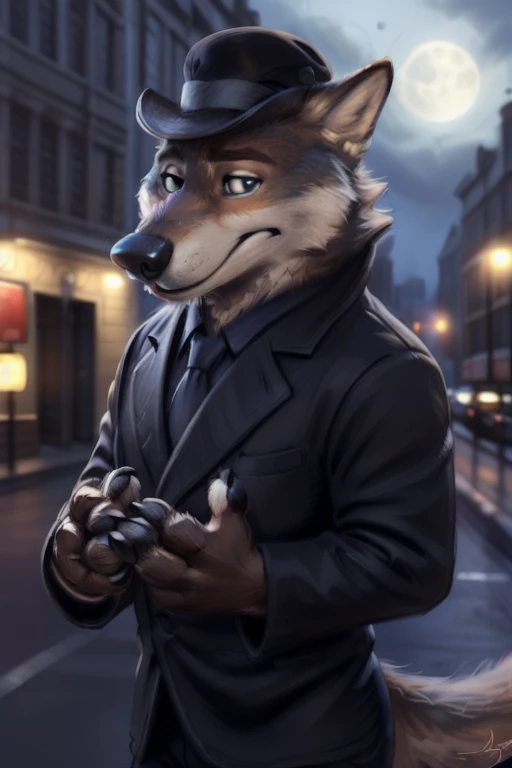 larry (zootopia), grey fur, (brown body:1.3), blue eyes, zootopia, canine, wolf, squint eyes, detailed fur, male, anthro, pawpads, finger claws, 5 fingers, paws, 4 toes, night, full moon, tail, red carpet, suit, black tie, wearing a Dor-15 black bowler hat with a red robotic eye in his frontal part, \(suit\), BREAK by bruteandbrawn, by personalami, by kenket, (intricate, high detail, film photography, soft focus, RAW candid cinema, photorealism, realistic, photorealistic, analog style, subsurface scattering, masterpiece, best quality, ultra realistic, 8k)