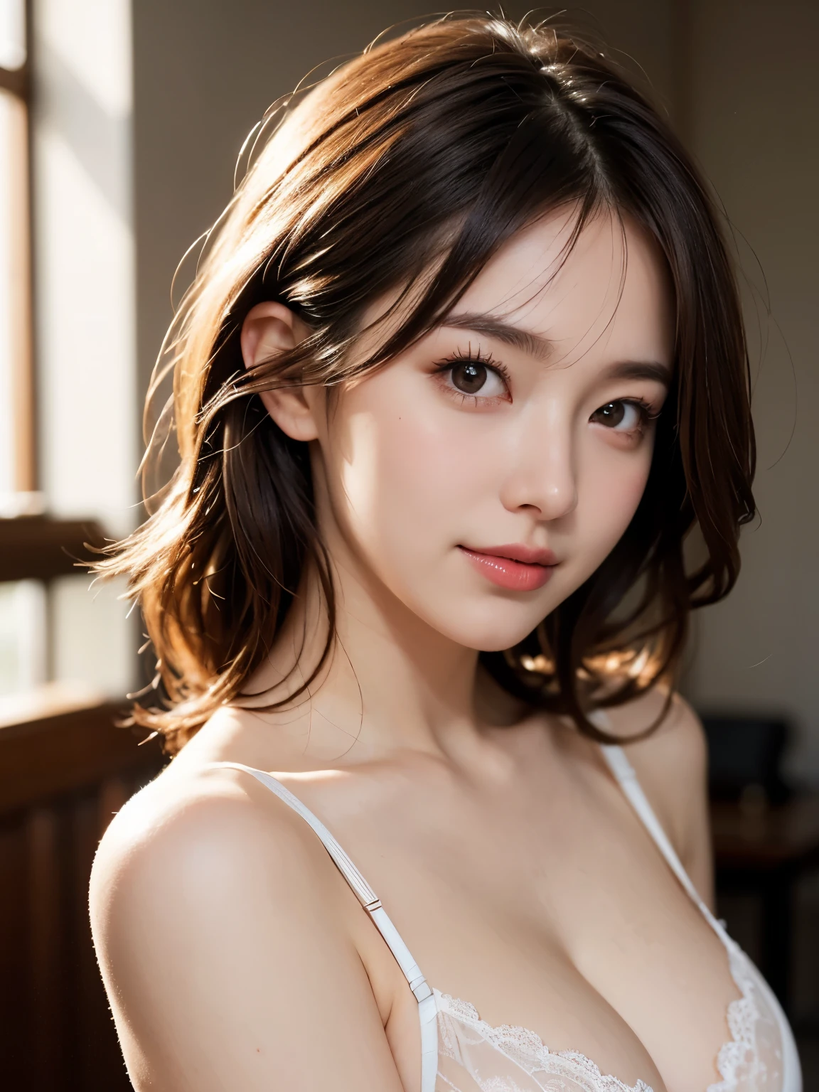 (Realistic, High quality, RAW Photos), natural light:1.3, soft light, Beautiful face, happy face, Glamorous Body, cute eyes, Large breasts:1.3, Brown eyes:1.2, random hair style, cloudiness day, Beautifully designed lingerie, random colored lingerie, dynamic pose, looking at viewer
