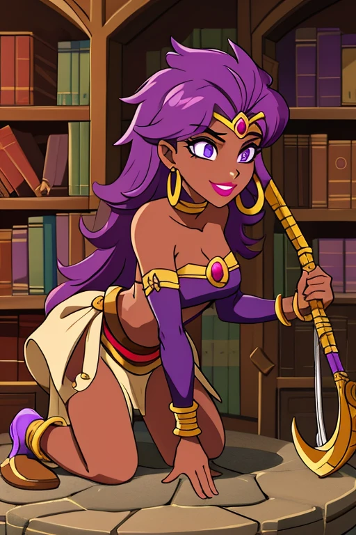 (best quality:1.3), (4K quality),masterpiece, best quality, high res, detailed, (Detailed face:1.2), (Detailed eyes:1.2), (Perfect figure:1.2), Fantasy style, Fantasy setting, A beautiful young sorceress (1 girl), dark-skinned female, with long purple flowing hair, purple eyes, purple iris, mascaras purple eyeshadow, smile, purple lipstick, skin covered in purple markings, (Wearing: golden headpiece, golden ringed earrings, purple cape, purple strapless top, purple loincloth, pelvic curtain, golden armlets, golden boots), ((Holding a golden staff)), looking mature and alluring at 28 years old, (detailed eyes, detailed lips, extremely detailed face), BREAK (Indoors, stone room, shelves filled with books and potions)
