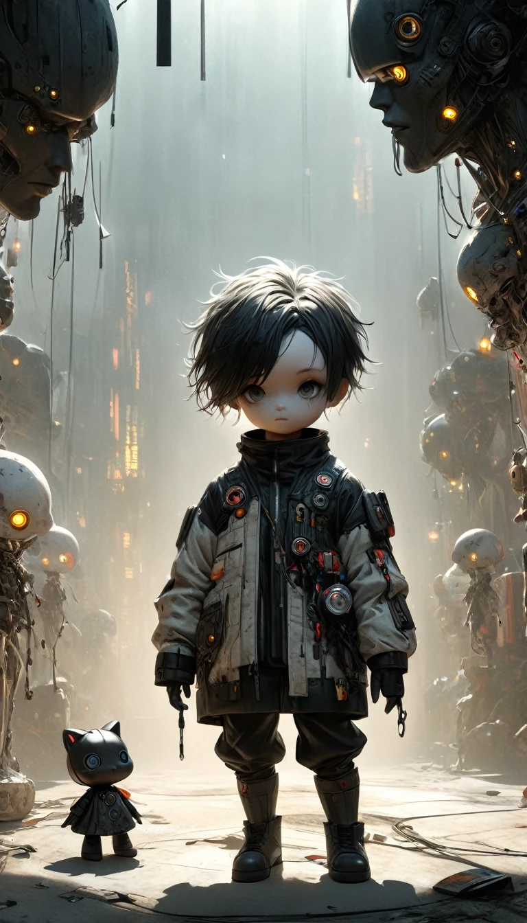 anatomically correct, full body, hyperrealistic panoramic shot:1.4, Anatomically correct:1.3, Intricate and detailed portrait of a boy doll., fantasy character design, fully dressed cyberpunk clothing, Dark and gloomy lighting, spectacular chiaroscuro lighting, film composition, Ashley Wood Style, sandy grunge texture, sharp focus, hyper detailed, 8K, (The best quality:1.2), (photorealistic:1.37). AniPnyXLQuality, HashbinPnyXL, Uhigh definition, masterpiece, anatomically correct, Textured skin, Super detail, High details, high quality, highres, The best quality, high definition, 8K