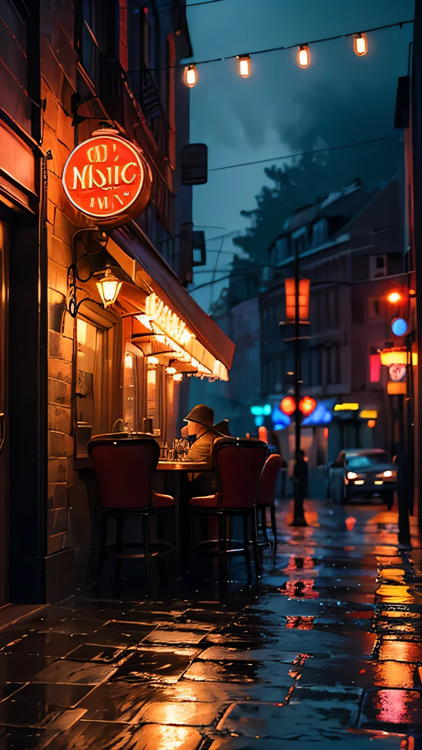 A cozy jazz club on a rainy city street at night, with a neon sign that reads 'Swing Jazz Music' glowing warmly in orange and red hues. The exterior features large windows with a view inside the dimly lit bar, where glasses hang over the counter and shelves of bottles are visible. Small round tables are placed outside on the wet cobblestone sidewalk, reflecting the streetlights and neon glow. The overall atmosphere is moody and nostalgic, with a soft drizzle adding to the intimate, relaxed vibe."  