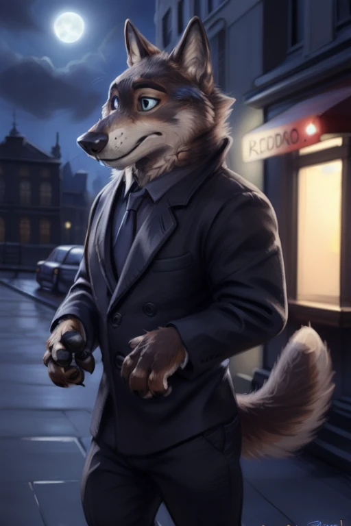 larry (zootopia), grey fur, (brown body:1.3), blue eyes, zootopia, canine, wolf, detailed fur, male, anthro, pawpads, finger claws, 5 fingers, paws, 4 toes, night, full moon, tail, red carpet, suit, black tie, wearing a Dor-15 black bowler hat with a red robotic eye in his frontal part, \(suit\), BREAK by bruteandbrawn, by personalami, by kenket, (intricate, high detail, film photography, soft focus, RAW candid cinema, photorealism, realistic, photorealistic, analog style, subsurface scattering, masterpiece, best quality, ultra realistic, 8k)