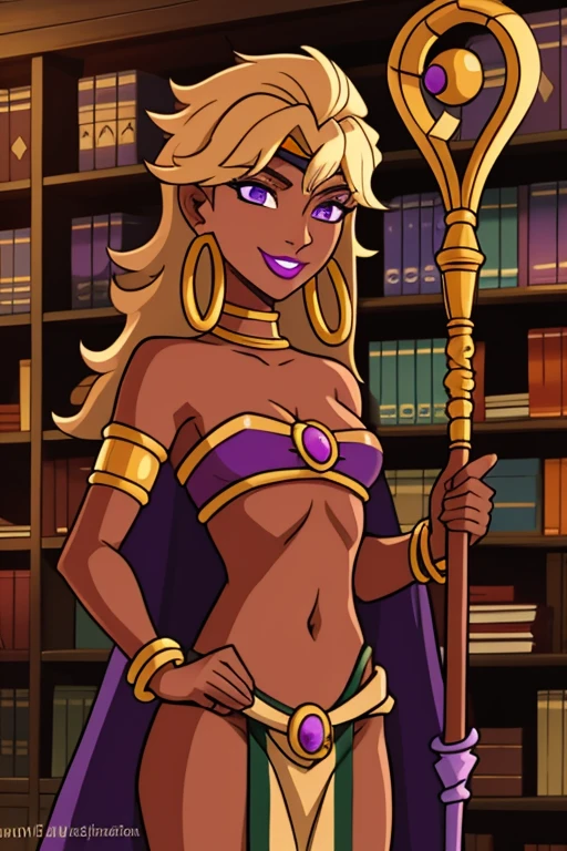 (best quality:1.3), (4K quality),masterpiece, best quality, high res, detailed, (Detailed face:1.2), (Detailed eyes:1.2), (Perfect figure:1.2), Fantasy style, Fantasy setting, A beautiful mature and alluring sorceress (1 girl), dark-skinned female, with long purple flowing hair, purple eyes, purple iris, mascaras purple eyeshadow, smile, purple lipstick, skin covered in purple markings, (Wearing: golden headpiece, golden ringed earrings, purple cape, purple strapless top, purple loincloth, pelvic curtain, golden armlets), ((Holding a golden staff)), (detailed eyes, detailed lips, extremely detailed face), BREAK (Indoors, stone room, shelves filled with books and potions)
