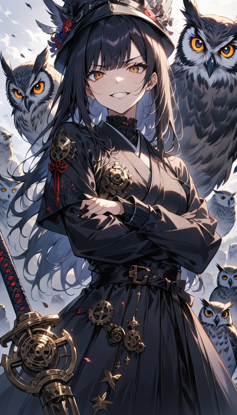 1girl,solo,gothic,samurai,holding weapon, grin,crosses arm,intricate detail, Visual detail,cinematic view, eerie enviroment, sharp hat,BREAK,Owl,Sleek design, metallic owl ,gears,row of owls,(masterpiece:1.4),(best quality:1.3)