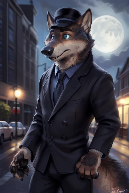 larry (zootopia), grey fur, (brown body:1.3), blue eyes, zootopia, canine, wolf, detailed fur, male, anthro, pawpads, finger claws, 5 fingers, paws, 4 toes, night, full moon, tail, red carpet, suit, black tie, wearing a Dor-15 black bowler hat with a red robotic eye in his frontal part, \(suit\), BREAK by bruteandbrawn, by personalami, by kenket, (intricate, high detail, film photography, soft focus, RAW candid cinema, photorealism, realistic, photorealistic, analog style, subsurface scattering, masterpiece, best quality, ultra realistic, 8k)