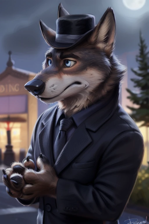 larry (zootopia), grey fur, (brown body:1.3), blue eyes, zootopia, canine, wolf, detailed fur, male, anthro, pawpads, finger claws, 5 fingers, paws, 4 toes, night, full moon, tail, red carpet, suit, black tie, wearing a Dor-15 black bowler hat with a red robotic eye in his frontal part, \(suit\), BREAK by bruteandbrawn, by personalami, by kenket, (intricate, high detail, film photography, soft focus, RAW candid cinema, photorealism, realistic, photorealistic, analog style, subsurface scattering, masterpiece, best quality, ultra realistic, 8k)