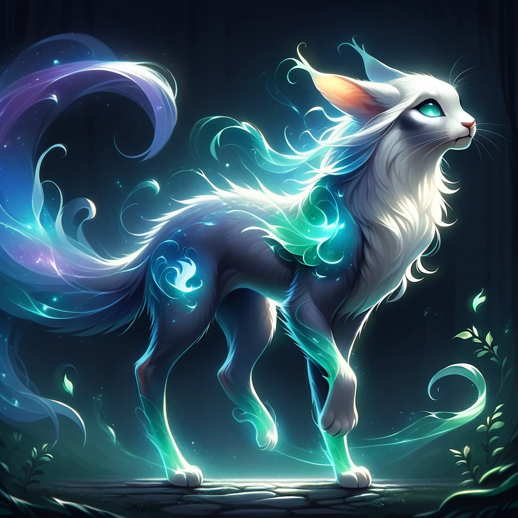 Spirit animal, score_9, score_8_up, score_7_up, score_6_up, score_5_up, score_4_up, ethereal, glowing, no humans,  a Dream Creature  which resembles a predatory cat with greenish fur and long ears