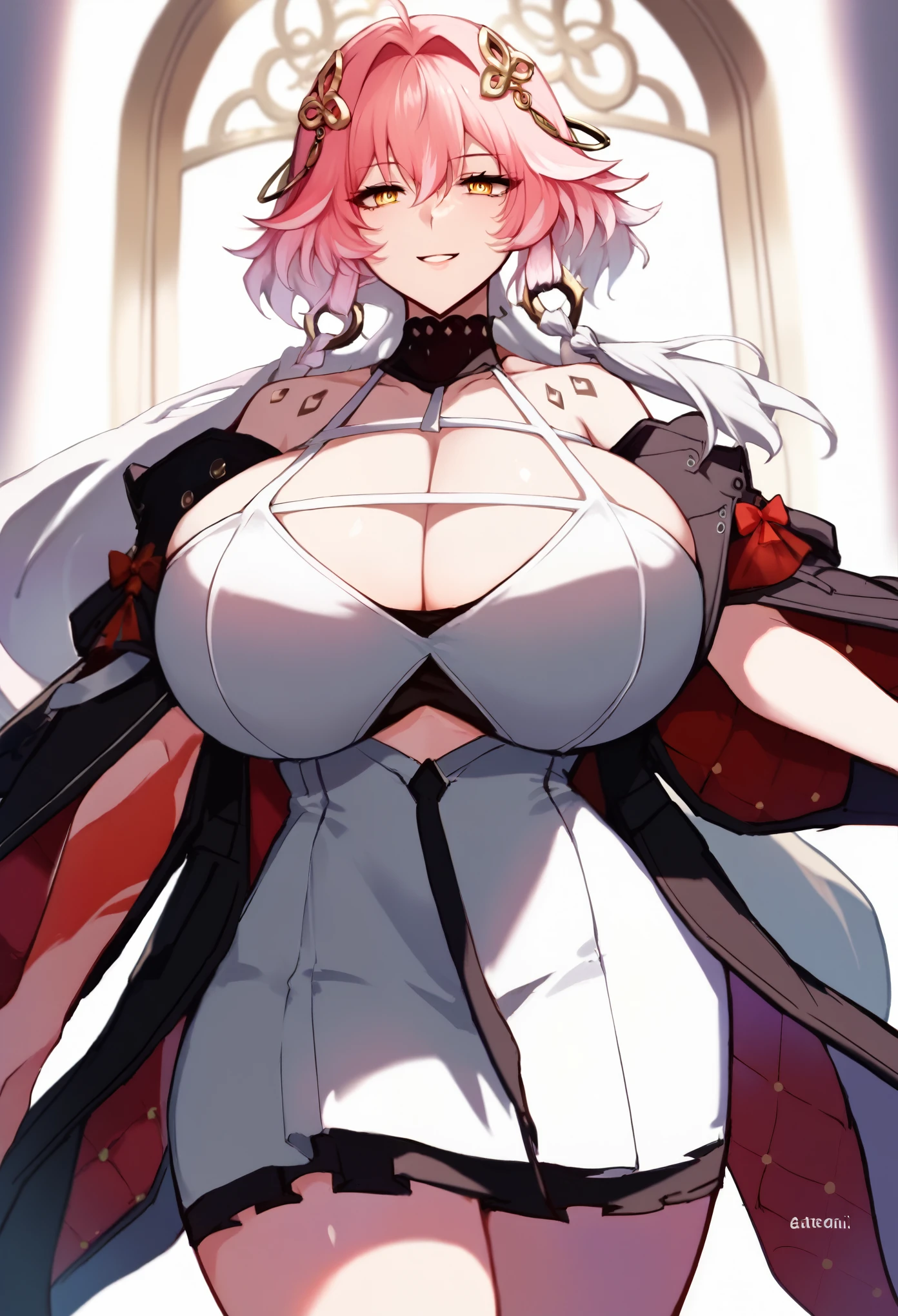 An anime-style artwork depicting changli  Tags: changli-wuwa, , (white dress), pink hair, white hair, multicolored hair, hair ornament,yellow eyes,long hair, anime, detailed eyes, detailed lips,  1girl, solo, huge breasts, smiling expression, intense gaze, dynamic pose, indoor, palace, vibrant colors, digital art, high-resolution, professional quality, gigantic breasts, cleavage), curvy, cowboy shot, , (huge breasts),