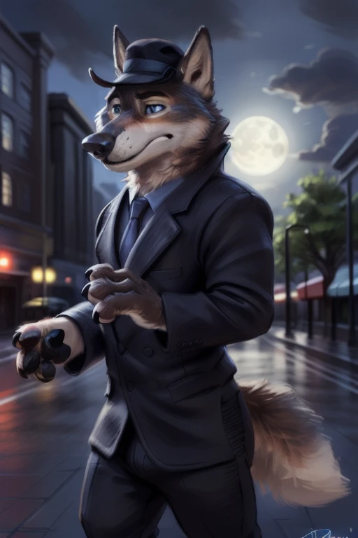 larry (zootopia), grey fur, (brown body:1.3), blue eyes, zootopia, canine, wolf, squint eyes, detailed fur, male, anthro, pawpads, finger claws, 5 fingers, paws, 4 toes, night, full moon, tail, red carpet, suit, black tie, wearing a Dor-15 black bowler hat with a red robotic eye in his frontal part, \(suit\), BREAK by bruteandbrawn, by personalami, by kenket, (intricate, high detail, film photography, soft focus, RAW candid cinema, photorealism, realistic, photorealistic, analog style, subsurface scattering, masterpiece, best quality, ultra realistic, 8k)