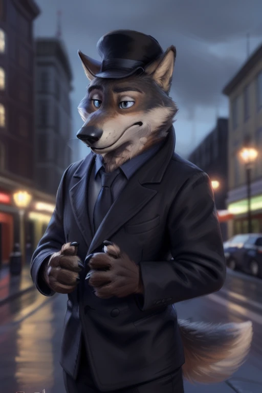 larry (zootopia), grey fur, (brown body:1.3), blue eyes, zootopia, canine, wolf, squint eyes, detailed fur, male, anthro, pawpads, finger claws, 5 fingers, paws, 4 toes, night, full moon, tail, red carpet, suit, black tie, wearing a Dor-15 black bowler hat with a red robotic eye in his frontal part, \(suit\), BREAK by bruteandbrawn, by personalami, by kenket, (intricate, high detail, film photography, soft focus, RAW candid cinema, photorealism, realistic, photorealistic, analog style, subsurface scattering, masterpiece, best quality, ultra realistic, 8k)