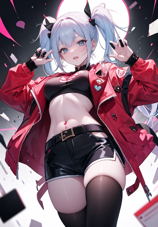 (((1girl))), hands up, long hair, tank-top, jacket, open shoulder, cowboy shot, bikini, medium breast, red background, open mouth, stick out her tongue out at viewers, red eyes, flushed, Focalors