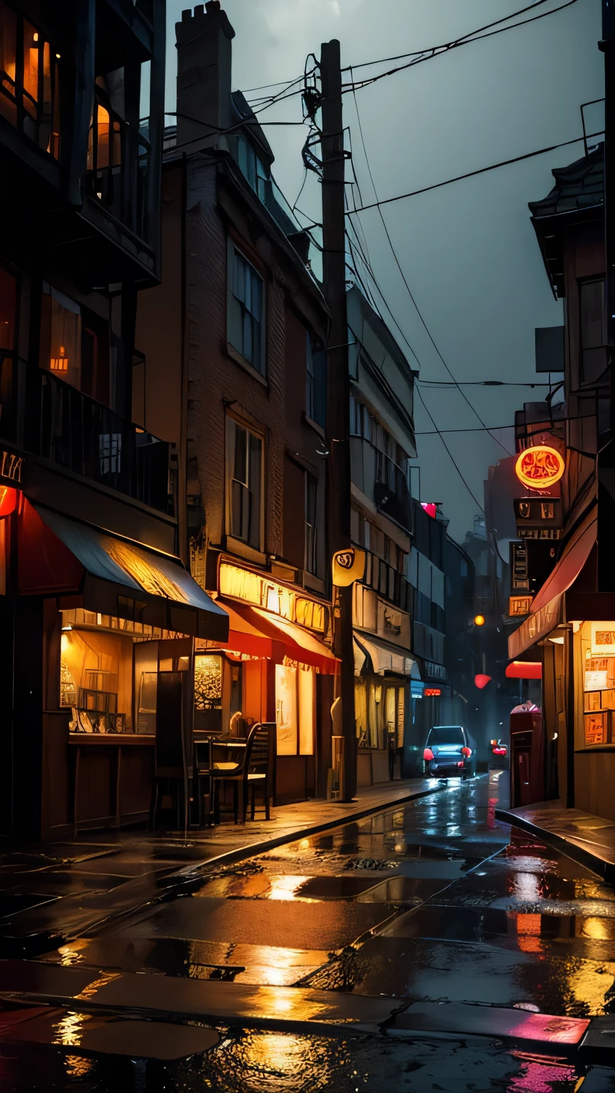 A cozy jazz club on a street corner on a rainy night. The neon sign glows warmly in shades of orange and red. A large window on the exterior reveals the dimly lit interior of the bar. Glasses hang over the counter and a shelf of bottles can be seen. Outside on the wet cobblestone sidewalk are small tables, reflecting the light from the street lamps and neon lights. The overall atmosphere is moody and nostalgic. A soft drizzle adds to the intimate, relaxed atmosphere.”  