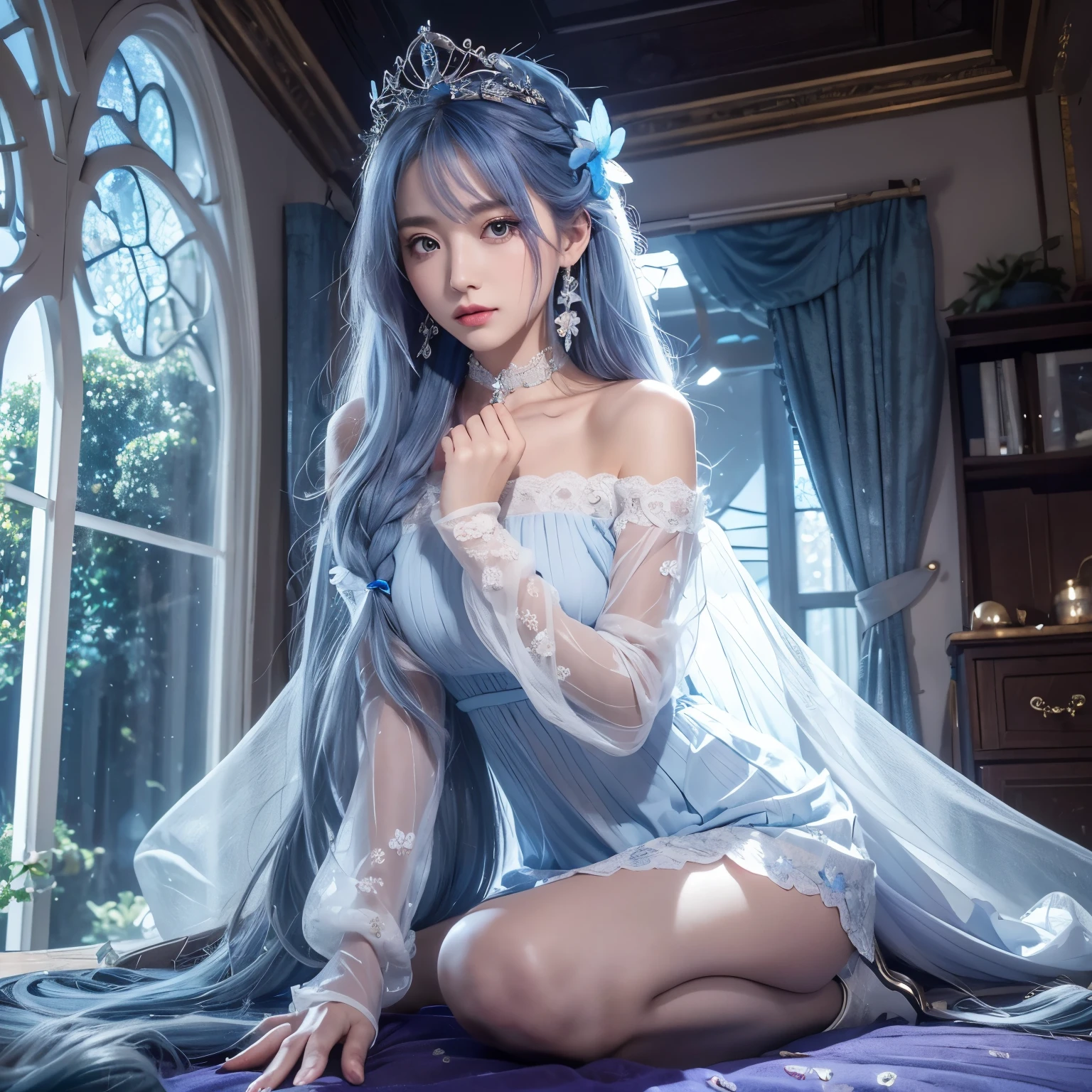 (masterpiece, Best quality: 1.4), Detailed background, White Crystal, Crystal Cluster, Long hair, Jewelry, earrings, necklace, crown, bride, White hair, Halo, (Overlooking), Dynamic Angle, Super detailed, illustration, close up, Direct observation, 1 Girl, (fantasy: 1.4), (Purple Eyes: 1.233), 她的眼睛像dream的星星一样闪耀, (Shining eyes: 1.233), (Beautiful eyes: 1.1), (Silver Hair: 1.14), (Messy hair, Very Long hair, French Braid, Hair between the eyes, Side hair), (+(blue hair flower: 1.14)), (Chiffon Dress, Blue floral pattern)/= (military uniform: 1.24), (Separate sleeves, Loose sleeves), (Fingerless gloves), choker, (Miko thigh high socks), High heel boots, (Expressionless, Residence), (Standing), (Classical princess boudoir with dressing table floor-to-ceiling windows white quaint palace), (White flowers, bloom), (deep sea), (running water), (Dark blue world tree:1.14),(ruins),(night:1.2),dream,soul,(Fluorescent),(Flying translucent blue butterfly:1.15),[Slendengers and palms:0.55]::0.85], (Finger details), (yubao:0.5)