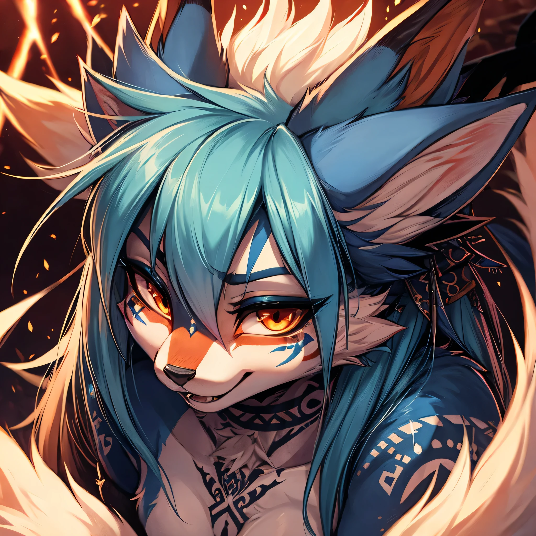 Kitsune 9 colas, add high definition_Detail:1, blue fur,kitsune ears, tribal tattoo add_Detail:1, in hell add_Detail, bats add_Detail yokai