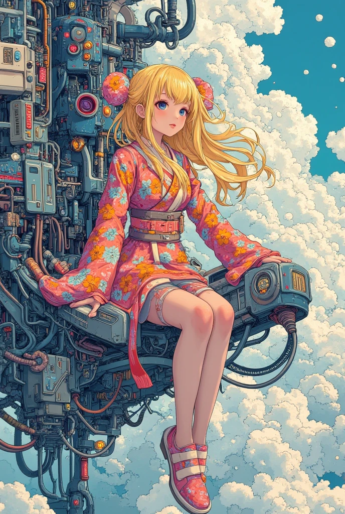 (masterpiece, best quality:1.2), 1girl, gold hair, long waving hair, solo, in kimono cloth, flower print cloth, sitting on floating futuristic chair,ultra detailed, fantasy art, noisy, digital effests, sharpness:2.5, in the sky castle of complex mechanical object,  cloud background, shiny particle drops,