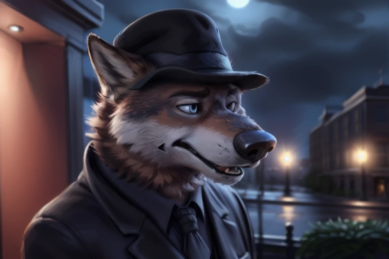 larry (zootopia), grey fur, (brown body:1.3), blue eyes, zootopia, canine, wolf, squint eyes, open mouth, detailed fur, male, anthro, pawpads, finger claws, 5 fingers, paws, 4 toes, night, full moon, tail, red carpet, suit, black tie, wearing a Dor-15 black bowler hat with a red robotic eye in his frontal part, \(suit\), BREAK by bruteandbrawn, by personalami, by kenket, (intricate, high detail, film photography, soft focus, RAW candid cinema, photorealism, realistic, photorealistic, analog style, subsurface scattering, masterpiece, best quality, ultra realistic, 8k)