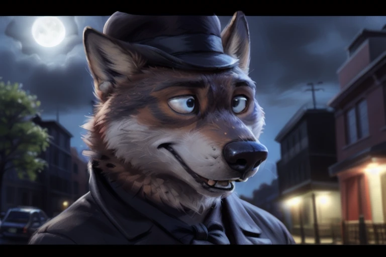 larry (zootopia), grey fur, (brown body:1.3), blue eyes, zootopia, canine, wolf, squint eyes, open mouth, detailed fur, male, anthro, pawpads, finger claws, 5 fingers, paws, 4 toes, night, full moon, tail, red carpet, suit, black tie, wearing a Dor-15 black bowler hat with a red robotic eye in his frontal part, \(suit\), BREAK by bruteandbrawn, by personalami, by kenket, (intricate, high detail, film photography, soft focus, RAW candid cinema, photorealism, realistic, photorealistic, analog style, subsurface scattering, masterpiece, best quality, ultra realistic, 8k)