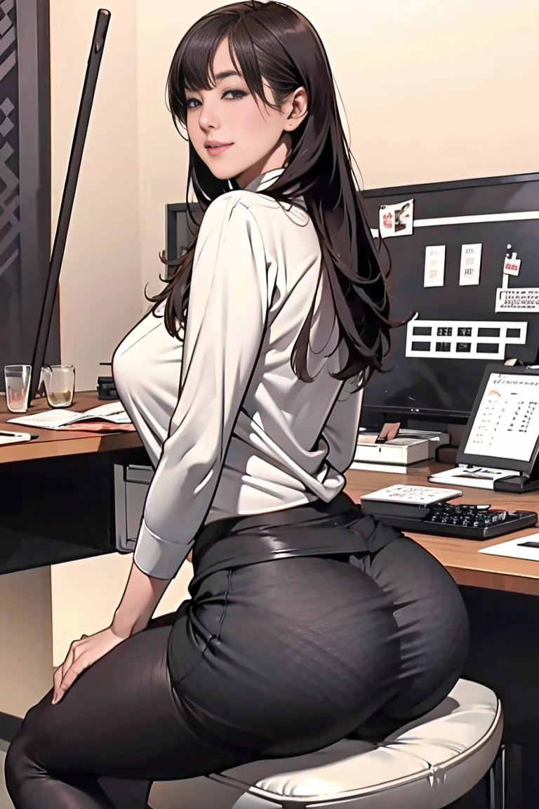 Highest quality, masterpiece, 8k, Ultra-high resolution, (Realistic: 1.4), 1 girl, Beautiful Face, Symmetrical eyes, big, Perfect figure, formal suit, Rear View,, (office room:1.3)、smile, Show me the back of the thigh、((((black tight skirt))))、big ass、Stick your butt out、((((stick out one's buttocks)))), ((spread one's legs wide:1.2)), panty line, tight pants, focus on ass, 