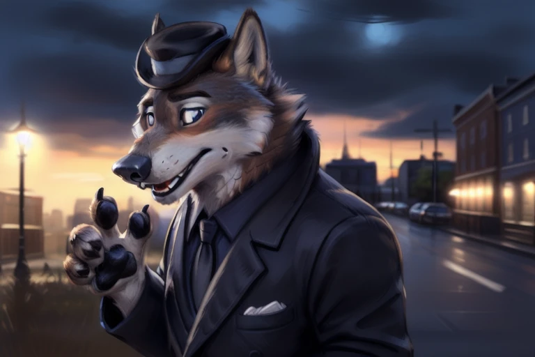 larry (zootopia), grey fur, (brown body:1.3), blue eyes, zootopia, canine, wolf, big squint eyes, open mouth, detailed fur, male, anthro, pawpads, finger claws, 5 fingers, paws, 4 toes, night, full moon, tail, red carpet, suit, black tie, wearing a Dor-15 black bowler hat with a red robotic eye in his frontal part, \(suit\), BREAK by bruteandbrawn, by personalami, by kenket, (intricate, high detail, film photography, soft focus, RAW candid cinema, photorealism, realistic, photorealistic, analog style, subsurface scattering, masterpiece, best quality, ultra realistic, 8k)