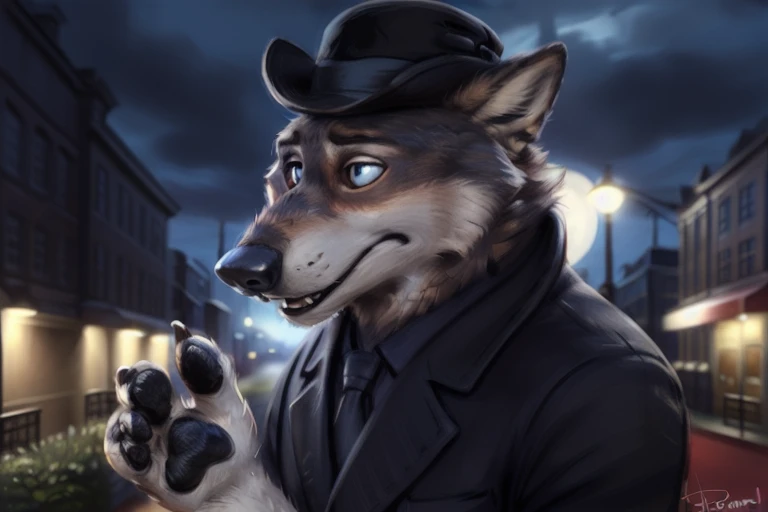 larry (zootopia), grey fur, (brown body:1.3), blue eyes, zootopia, canine, wolf, big squint eyes, open mouth, detailed fur, male, anthro, pawpads, finger claws, 5 fingers, paws, 4 toes, night, full moon, tail, red carpet, suit, black tie, wearing a Dor-15 black bowler hat with a red robotic eye in his frontal part, \(suit\), BREAK by bruteandbrawn, by personalami, by kenket, (intricate, high detail, film photography, soft focus, RAW candid cinema, photorealism, realistic, photorealistic, analog style, subsurface scattering, masterpiece, best quality, ultra realistic, 8k)