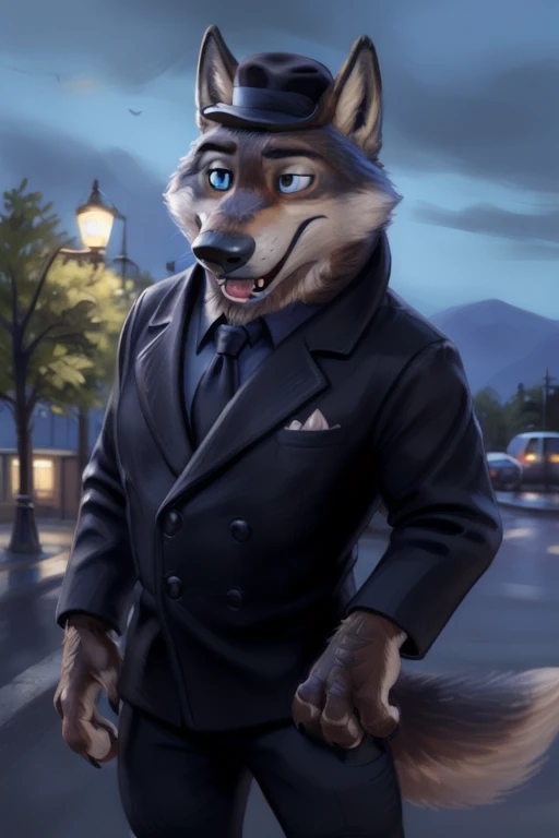 larry (zootopia), grey fur, (brown body:1.3), blue eyes, zootopia, canine, wolf, tongue out, big squint eyes, open mouth, detailed fur, male, anthro, pawpads, finger claws, 5 fingers, paws, 4 toes, night, full moon, tail, red carpet, suit, black tie, wearing a Dor-15 black bowler hat with a red robotic eye in his frontal part, \(suit\), BREAK by bruteandbrawn, by personalami, by kenket, (intricate, high detail, film photography, soft focus, RAW candid cinema, photorealism, realistic, photorealistic, analog style, subsurface scattering, masterpiece, best quality, ultra realistic, 8k)