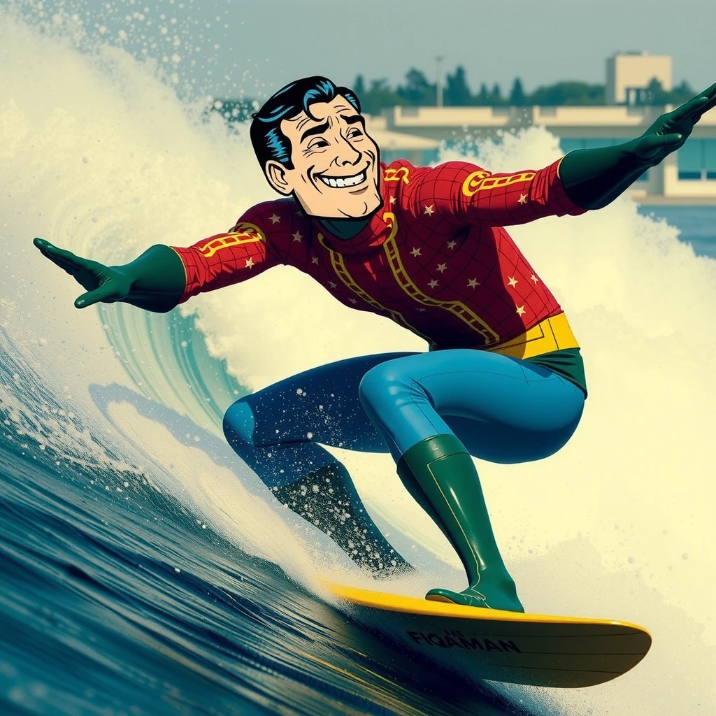 perfect, serene, cinematic, sports action shot, absurd intense meme with cel shaded hilarity and visual silly funny humor, (wordless, image only), comic of vintage aquaman sung contorted strage silly gesture, making meme face, comic of aquaman overlaid on photo, aquaman sung, photo background ornate Japanese style waves, realism sung, accurate real waves water photo background,