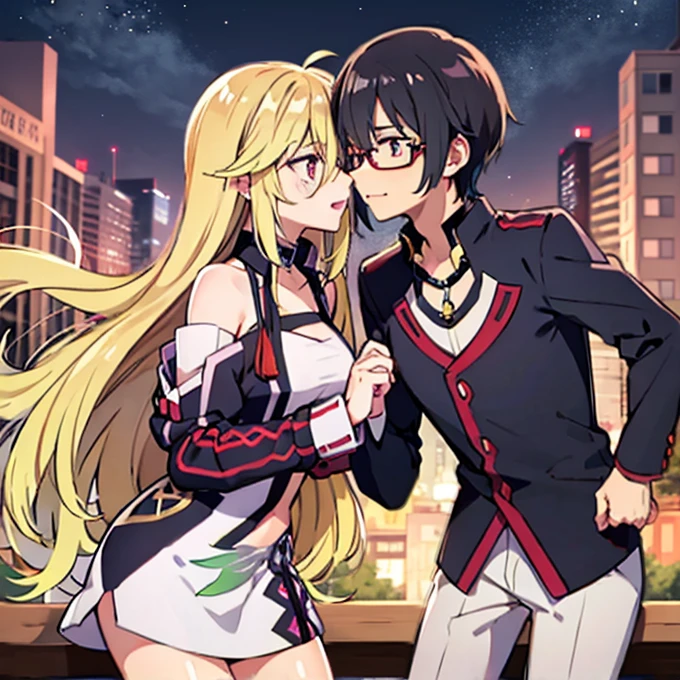 1 boy with black hair, Red jacket and glasses romantically kissing a girl with blonde hair and red eyes. With a white miniskirt, city at night in the background., True love, blushing cheeks, high quality, Milla Maxwell from Tales of Xillia 