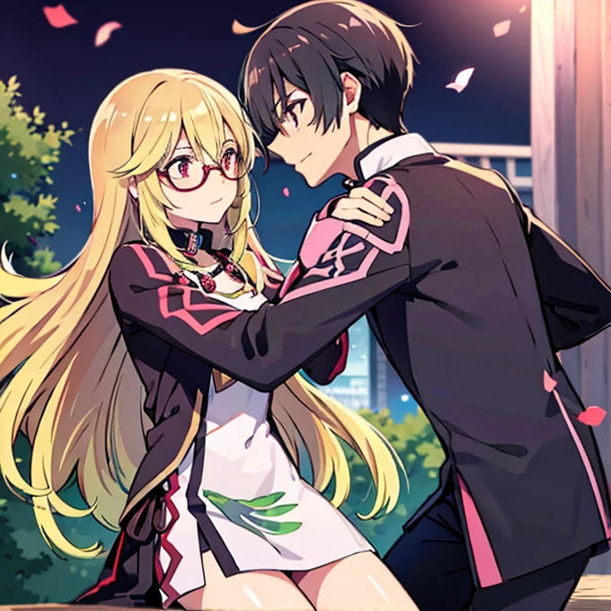 1 boy with black hair, Red jacket and glasses romantically kissing a girl with blonde hair and red eyes. With a white miniskirt, city at night in the background., True love, blushing cheeks, high quality, Milla Maxwell from Tales of Xillia 