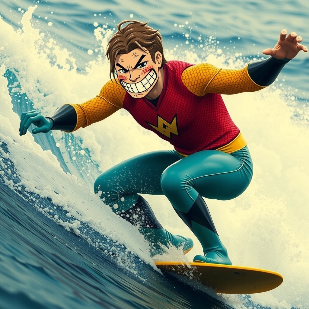 perfect, serene, cinematic, sports action shot, absurd intense meme with cel shaded hilarity and visual silly funny humor, (wordless, image only), comic of vintage aquaman sung contorted strage silly gesture, making meme face, comic of aquaman overlaid on photo, aquaman sung, photo background ornate Japanese style waves, realism sung, accurate real waves water photo background,