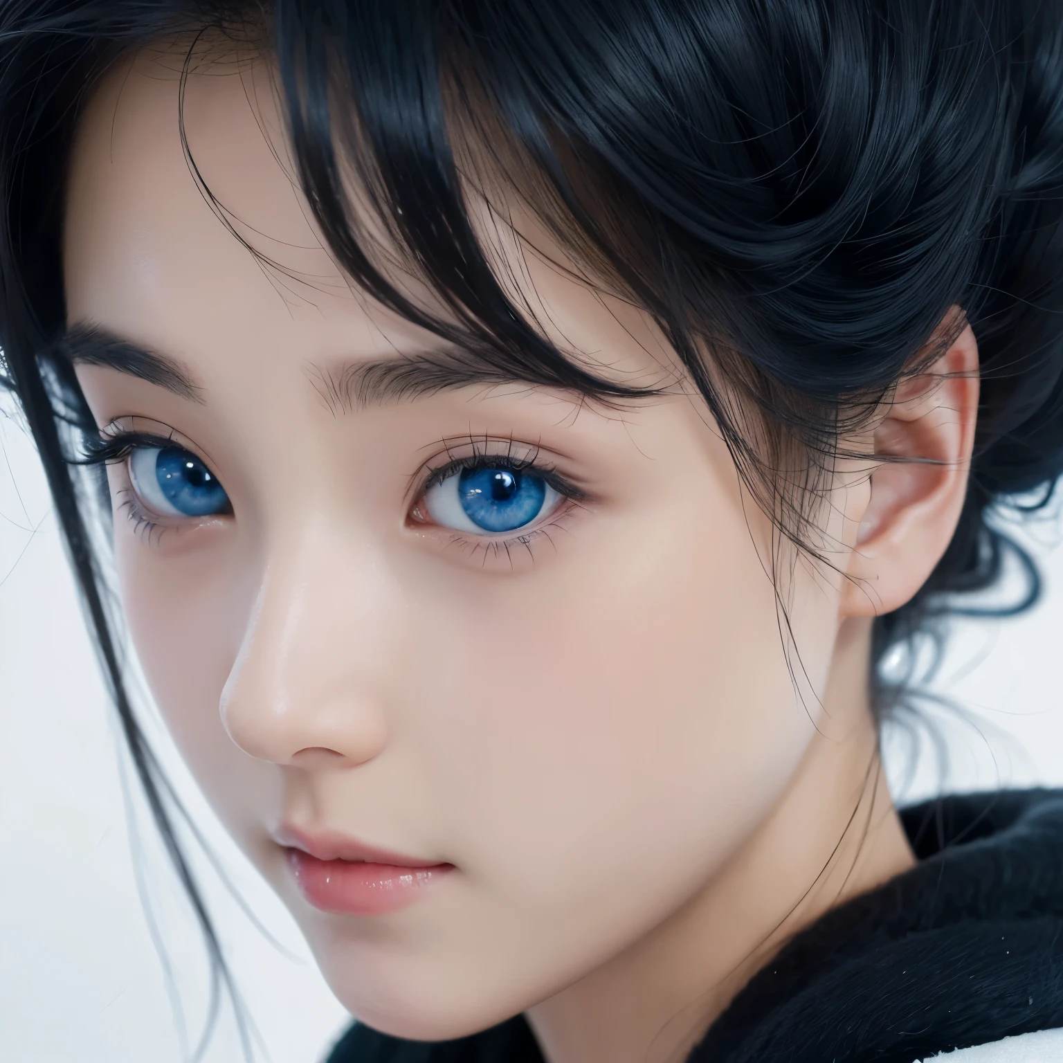 Black hair, Japanese cartoons, Ghibli, Japanese cartoons style, close up, From the side, First-person perspective, 8K, Super Detail, masterpiece,Super Detail, high quality, high resolution, high detail, White background, Facial details, happiness, curls, Blue Eyes