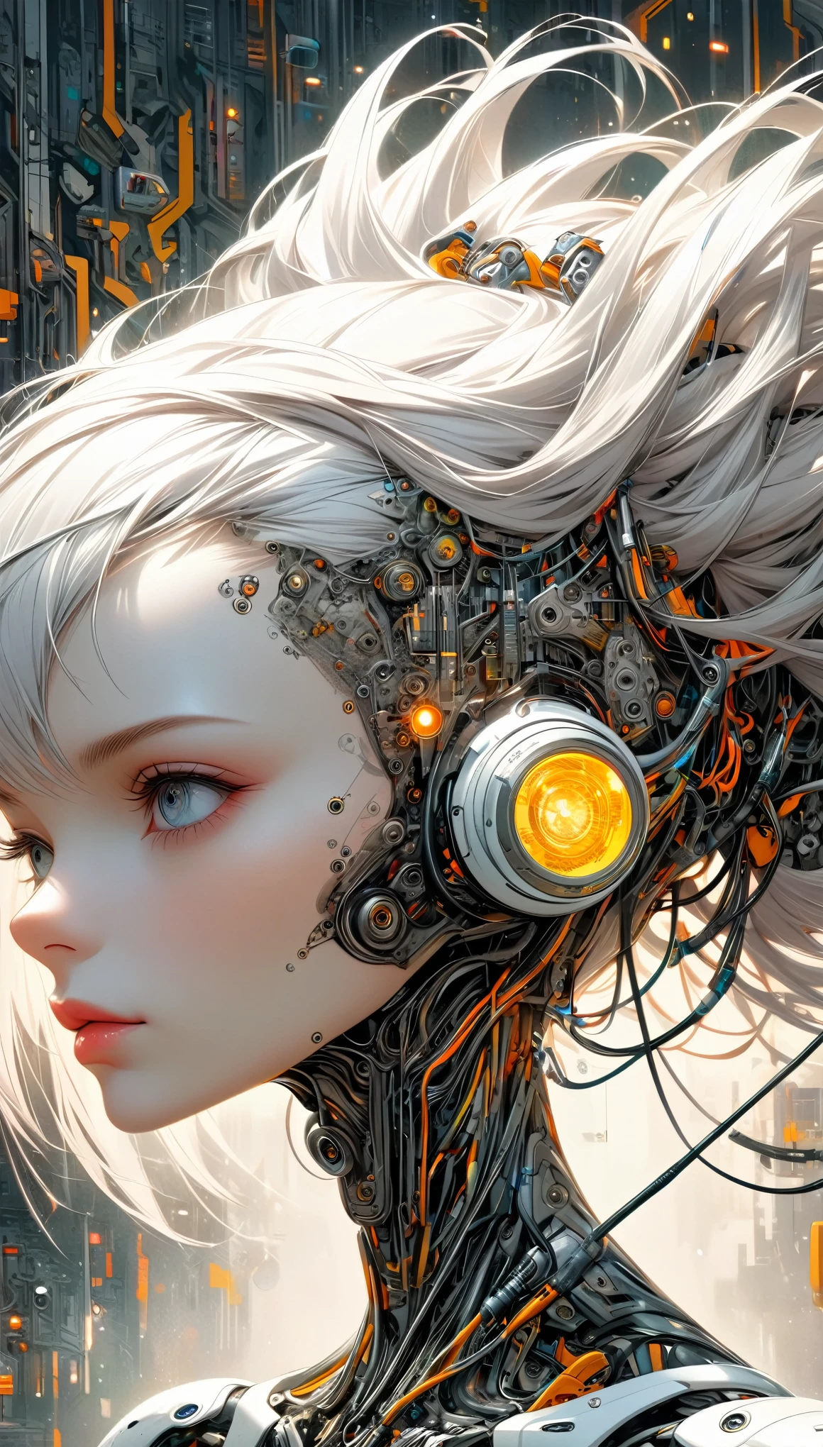 A painting of a woman with her head full of wires.., elaborate digital art, intricate transhumanism, Intricate digital artwork, Cyborg - Girl, Intricate digital art, Chica cyborg, Woman cyborg, Detailed portrait of a cyborg, futuristic art, Intricate digital art, intricate cyborg, Intricate digital painting, A picture of a beautiful cyborg., Cyborg - Girl with silver hair