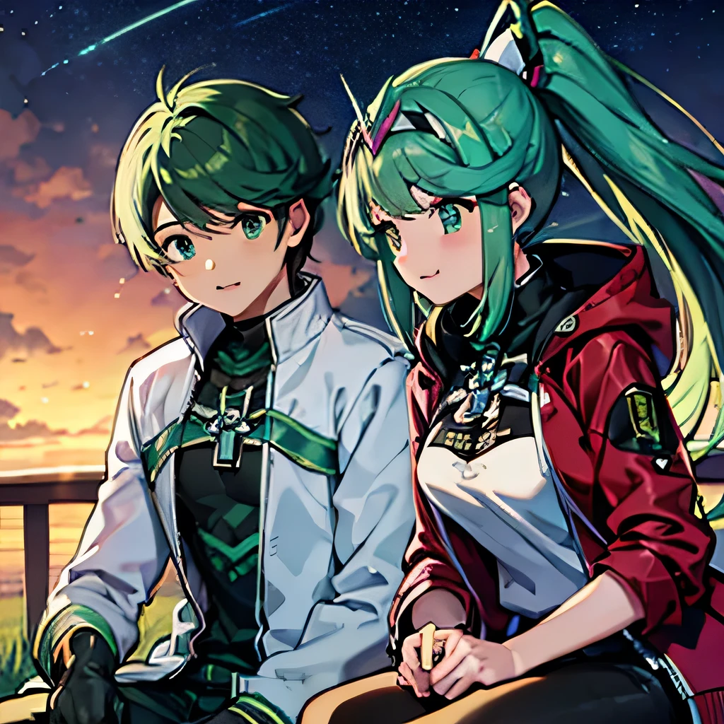 A girl with green eyes and bright emerald hair, white blouse and shirts, green crystal on her chest, sitting next to a boy with short black hair on the lips, ojos marrones, lentes, red jacket with a night city behind them and shooting stars in the sky, kind eyes and true friendship between them, Pneuma from Xenoblade Chronicles 2, one boy and one girl 