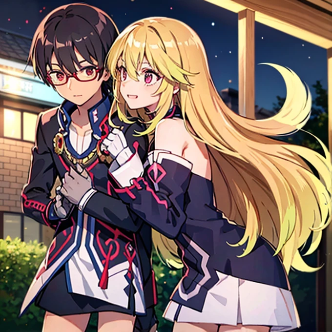 1 boy with black hair, Red jacket and glasses romantically kissing a girl with blonde hair and red eyes. With a white miniskirt, city at night in the background., True love, blushing cheeks, high quality, Milla Maxwell from Tales of Xillia 