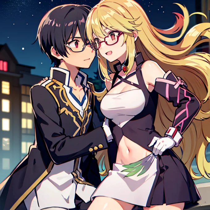 1 boy with black hair, Red jacket and glasses romantically kissing a girl with blonde hair and red eyes. With a white miniskirt, city at night in the background., True love, blushing cheeks, high quality, Milla Maxwell from Tales of Xillia 