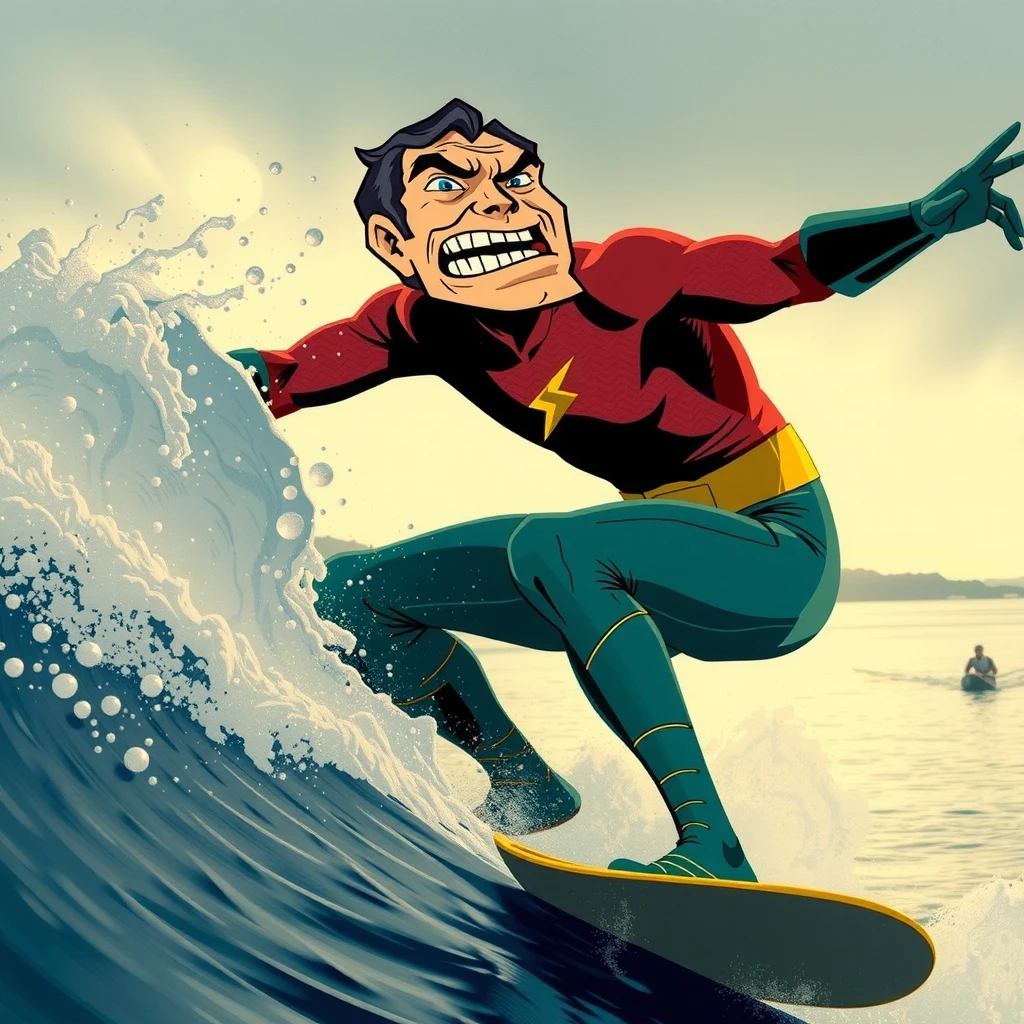 perfect, serene, cinematic, sports action shot, absurd intense meme with cel shaded hilarity and visual silly funny humor, (wordless, image only), comic of vintage aquaman sung contorted strage silly gesture, making meme face, comic of aquaman overlaid on photo, aquaman sung, photo background ornate Japanese style waves, realism sung, accurate real waves water photo background,