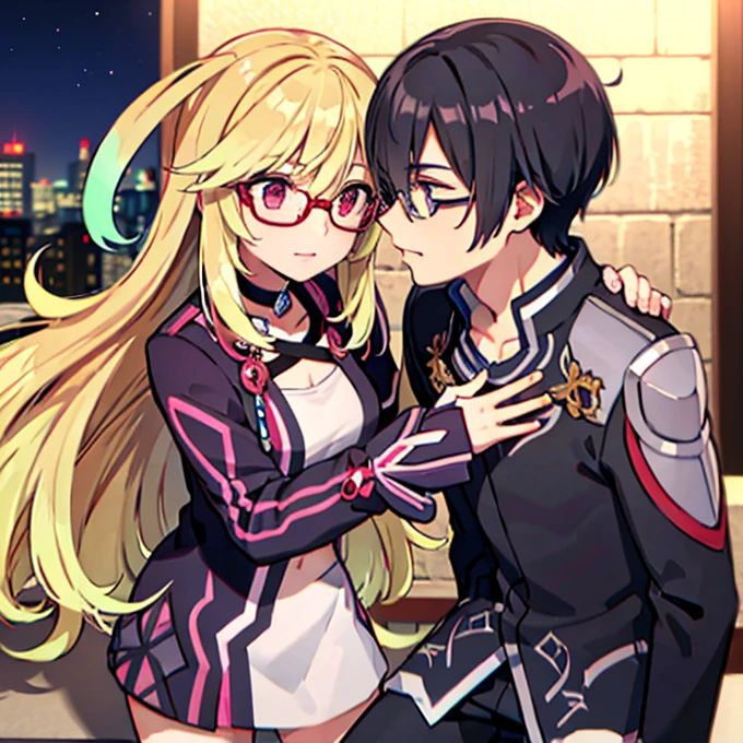 1 boy with black hair, Red jacket and glasses romantically kissing a girl with blonde hair and red eyes. With a white miniskirt, city at night in the background., True love, blushing cheeks, high quality, Milla Maxwell from Tales of Xillia 