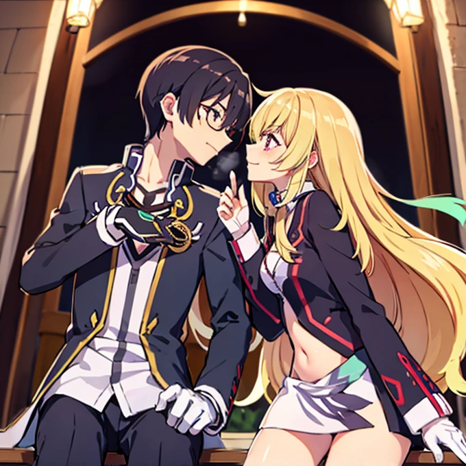 1 boy with black hair, Red jacket and glasses romantically kissing a girl with blonde hair and red eyes. With a white miniskirt, city at night in the background., True love, blushing cheeks, high quality, Milla Maxwell from Tales of Xillia 