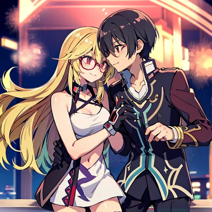 1 boy with black hair, Red jacket and glasses romantically kissing a girl with blonde hair and red eyes. With a white miniskirt, city at night in the background., True love, blushing cheeks, high quality, Milla Maxwell from Tales of Xillia 