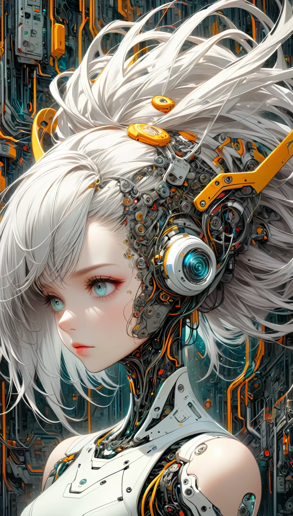centered image, A painting of a woman with her head full of wires.., elaborate digital art, intricate transhumanism, Intricate digital artwork, Cyborg - Girl, Intricate digital art, Chica cyborg, Woman cyborg, Detailed portrait of a cyborg, futuristic art, Intricate digital art, intricate cyborg, Intricate digital painting, A picture of a beautiful cyborg., Cyborg - Girl with silver hair