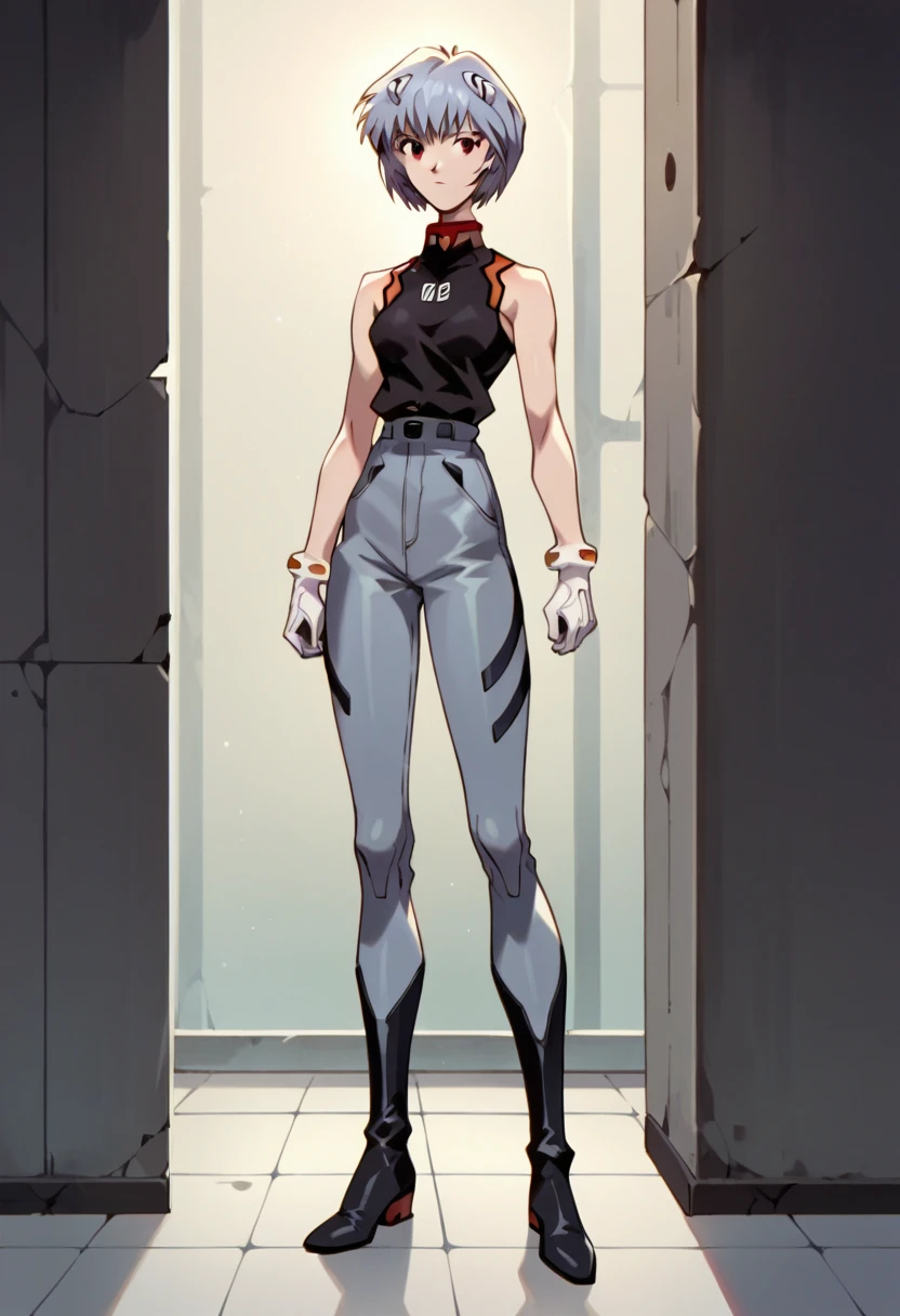 , 1girl, solo, rei, rei ayanami, evangelion, leather black sleeveless shirt, white gloves, Wide Leg Faux grey Leather Pants, black heel boots, white hair, masterpiece, best quality, room, standing