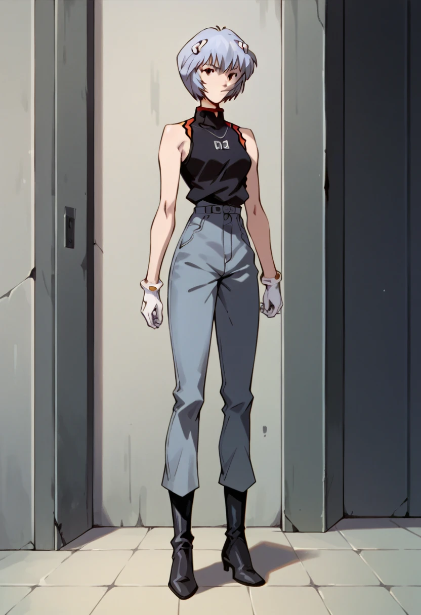 , 1girl, solo, rei, rei ayanami, evangelion, leather black sleeveless shirt, white gloves, Wide Leg Faux grey Leather Pants, black heel boots, white hair, masterpiece, best quality, room, standing