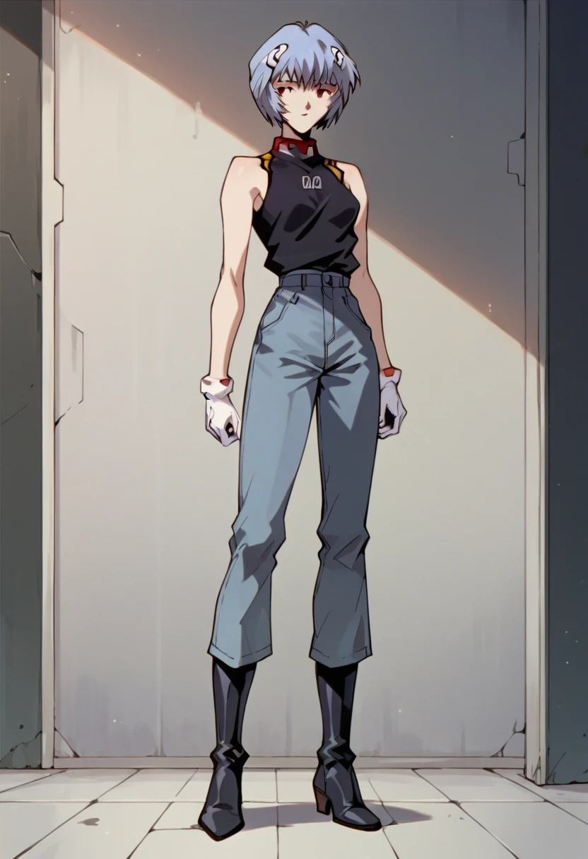 , 1girl, solo, rei, rei ayanami, evangelion, leather black sleeveless shirt, white gloves, Wide Leg Faux grey Leather Pants, black heel boots, white hair, masterpiece, best quality, room, standing