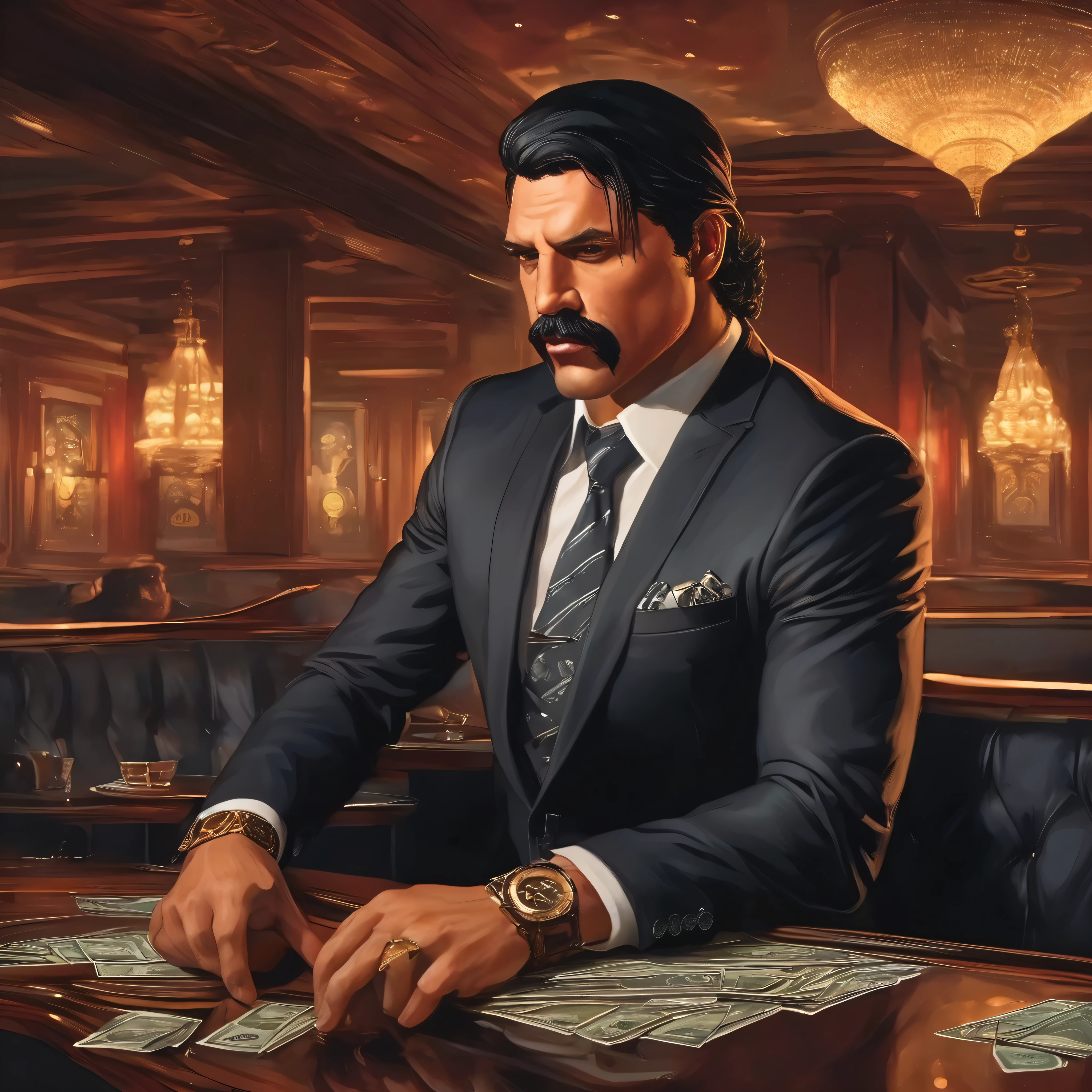 (obra maestra, Mejor calidad:1.2), 1 chico, thenahualli, serious, dangerous man, elegant, elegante, he is a gangster, (((black suit))), penthouse, Las Vegas, (((realistic, detailed, photorealistic))), night, midnight