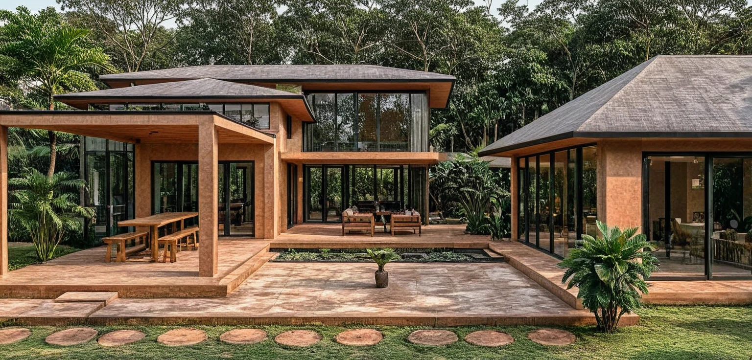 The image features a modern, two-story house with an earthy orange exterior, blending seamlessly into a lush tropical garden. The flat-roofed structure is surrounded by greenery, black tile roof, with a rooftop garden spilling over the edges. The house has large glass windows and doors, revealing an open, warm-toned interior with natural wooden elements. The garden in the foreground is vibrant, featuring rows of large, healthy vegetables, including leafy greens and cabbages. Tropical plants and trees surround the property, enhancing the feeling of being immersed in nature. The overall scene is tranquil and rich with natural elements,(sunset:1.2) (lightnight:1.2)