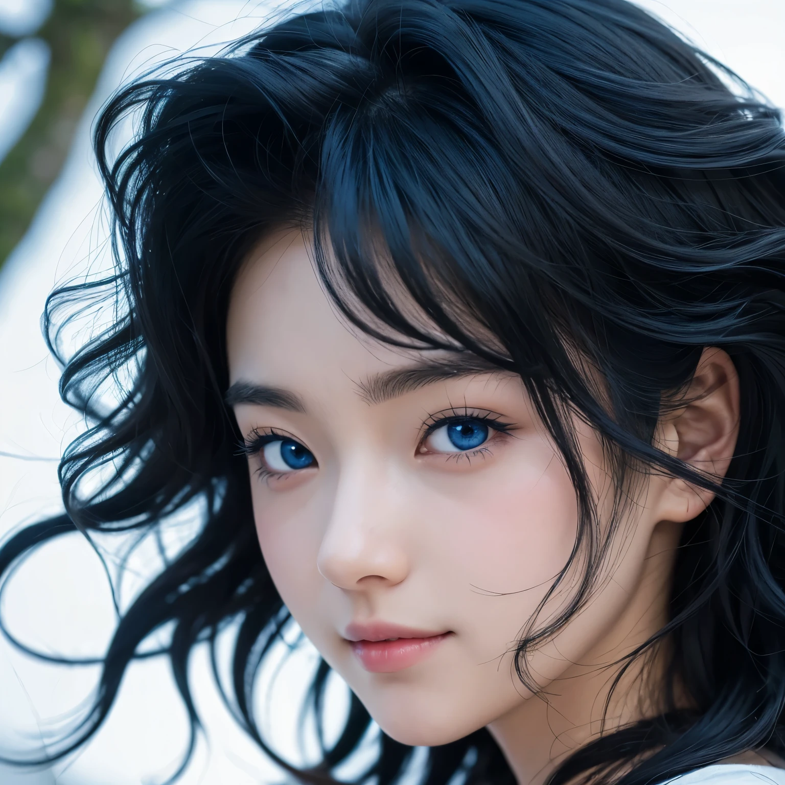 Black hair, Japanese cartoons, Ghibli, Japanese cartoons style, close up, From the side, First-person perspective, 8K, Super Detail, masterpiece,Super Detail, high quality, high resolution, high detail, White background, Facial details, happiness, curls, Blue Eyes
