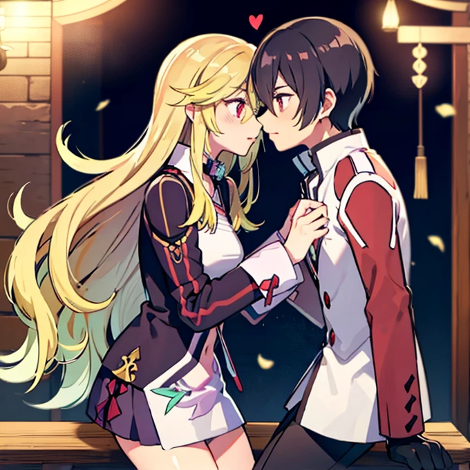 1 boy with black hair, Red jacket romantically kissing a girl with blonde hair and red eyes. With a white miniskirt, city at night in the background., True love, blushing cheeks, high quality, Milla Maxwell from Tales of Xillia 