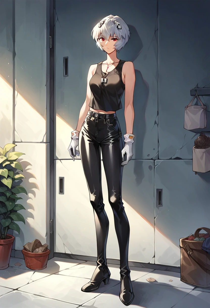 , 1girl, solo, rei, rei ayanami, evangelion, leather black sleeveless shirt, white gloves, Faux Leather Pants, black heel boots, white hair, masterpiece, best quality, room, standing