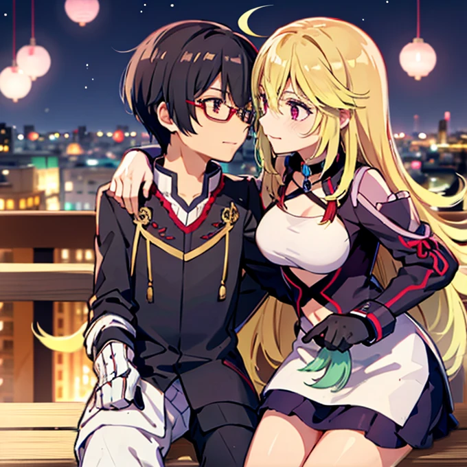 1 boy with black hair, Red jacket and glasses romantically kissing a girl with blonde hair and red eyes. With a white miniskirt, city at night in the background., True love, blushing cheeks, high quality, Milla Maxwell from Tales of Xillia 