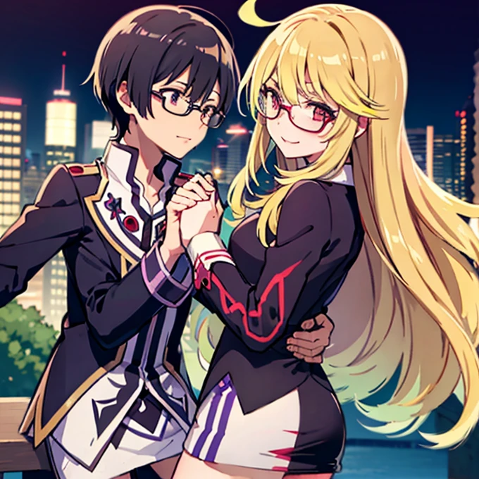 1 boy with black hair, Red jacket and glasses romantically kissing a girl with blonde hair and red eyes. With a white miniskirt, city at night in the background., True love, blushing cheeks, high quality, Milla Maxwell from Tales of Xillia 