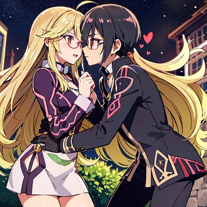 1 boy with black hair, Red jacket and glasses romantically kissing a girl with blonde hair and red eyes. With a white miniskirt, city at night in the background., True love, blushing cheeks, high quality, Milla Maxwell from Tales of Xillia 